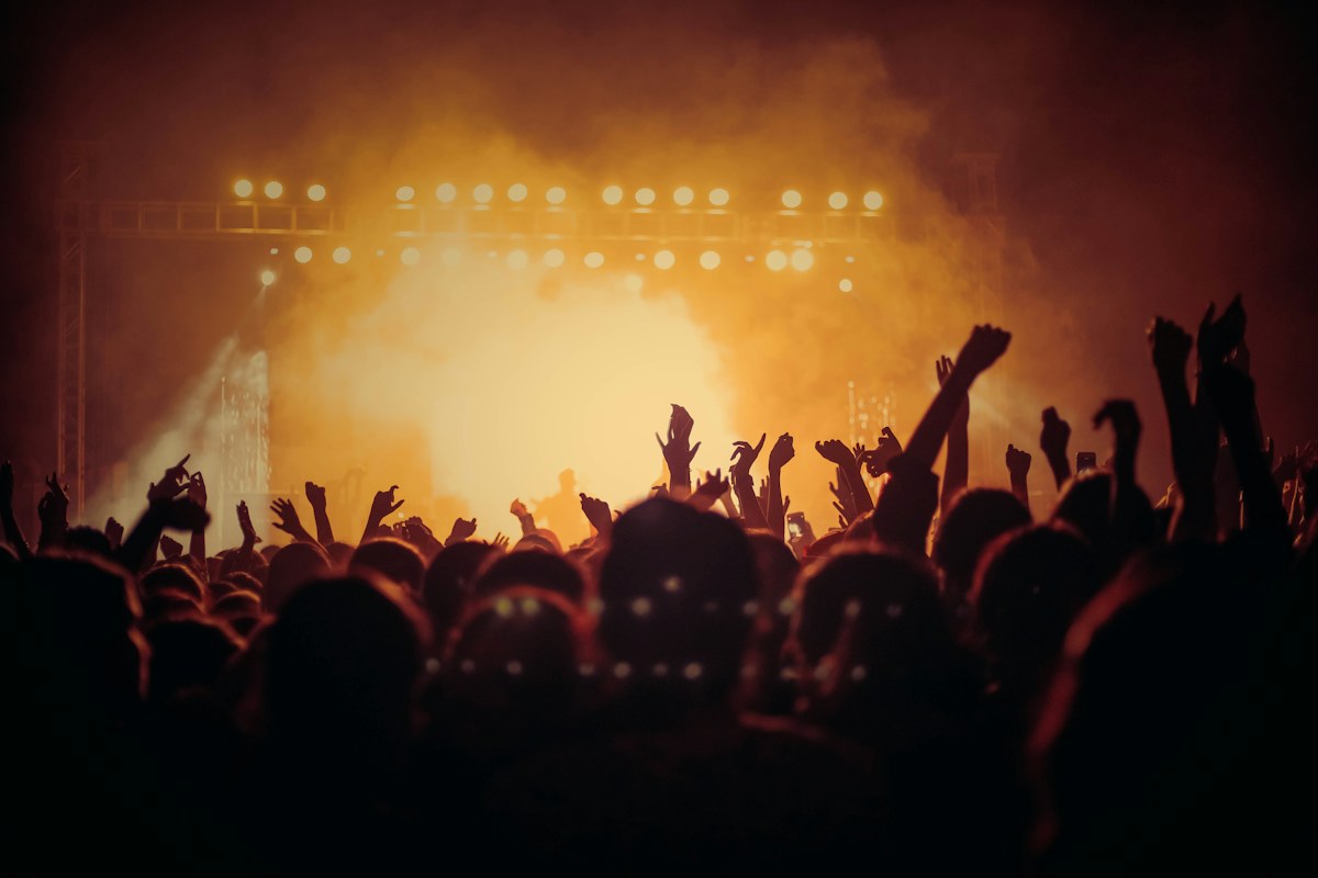 Band performing under concert lights